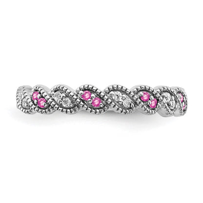 Solid 14k White Gold Created PinK Simulated Sapphire and CZ Twist Band