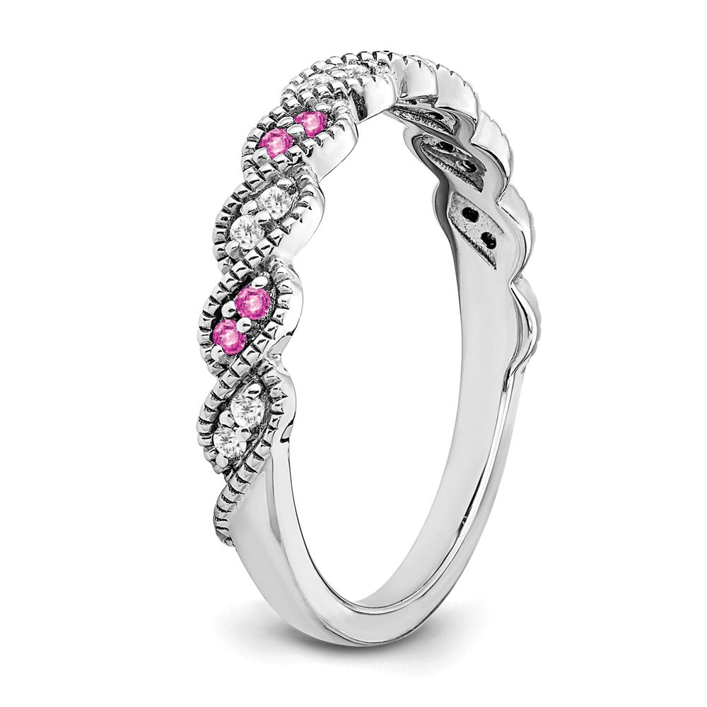 Solid 14k White Gold Created PinK Simulated Sapphire and CZ Twist Band