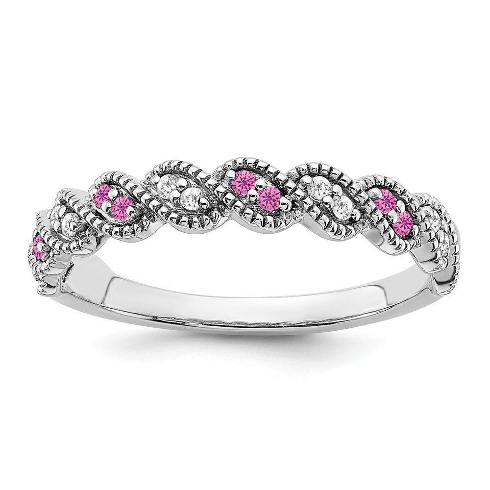Solid 14k White Gold Created PinK Simulated Sapphire and CZ Twist Band