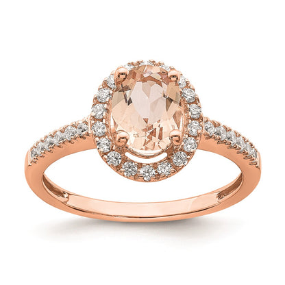 Solid 14k Rose Gold Morganite Simulated CZ Halo Complete Engagement Ring