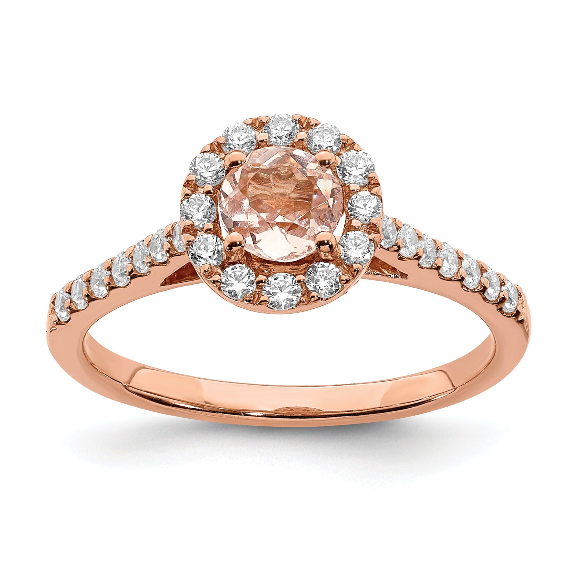 Solid 14k Rose Gold Morganite Simulated CZ Halo Complete Engagement Ring