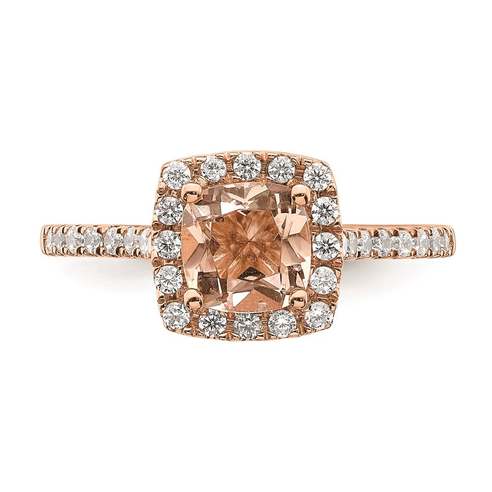 Solid 14k Rose Gold Morganite Simulated CZ Halo Complete Engagement Ring