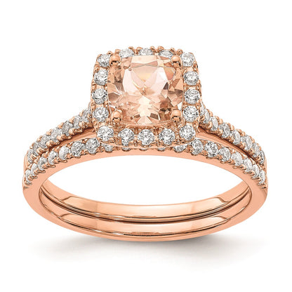 Solid 14k Rose Gold Morganite Simulated CZ Halo Complete Engagement Ring