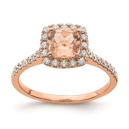 Solid 14k Rose Gold Morganite Simulated CZ Halo Complete Engagement Ring