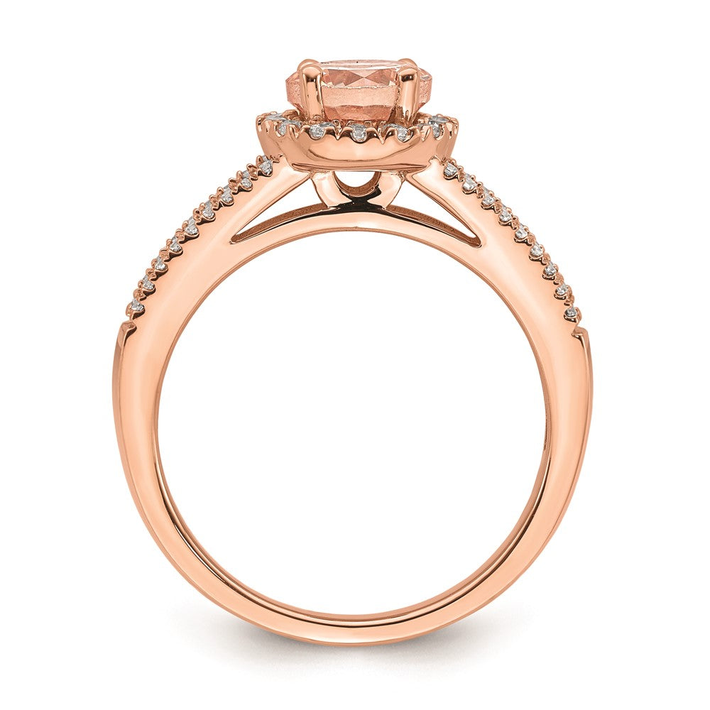 Solid 14k Rose Gold Morganite Simulated CZ Halo Complete Engagement Ring