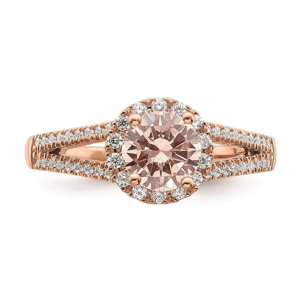 Solid 14k Rose Gold Morganite Simulated CZ Halo Complete Engagement Ring