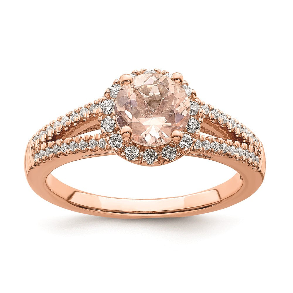 Solid 14k Rose Gold Morganite Simulated CZ Halo Complete Engagement Ring