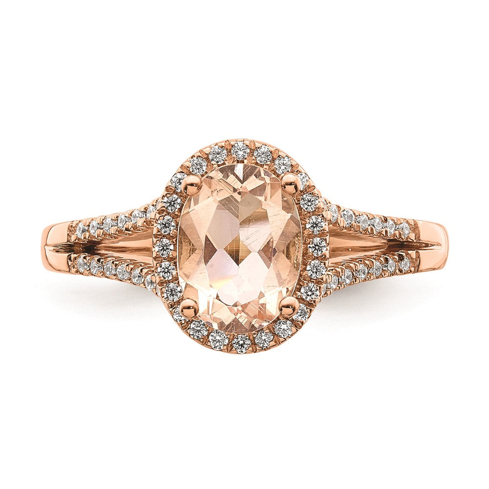 Solid 14k Rose Gold Morganite Simulated CZ Halo Complete Engagement Ring