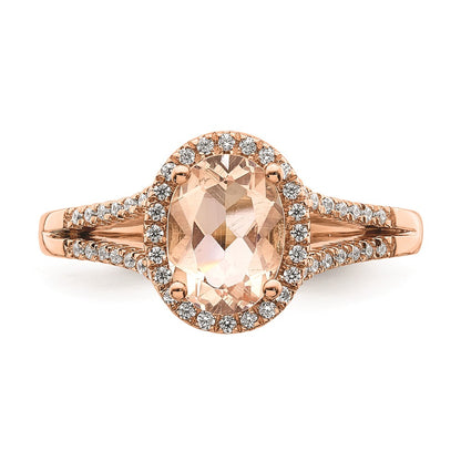 Solid 14k Rose Gold Morganite Simulated CZ Halo Complete Engagement Ring