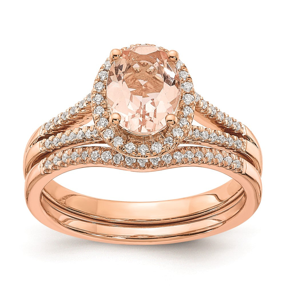 Solid 14k Rose Gold Morganite Simulated CZ Halo Complete Engagement Ring