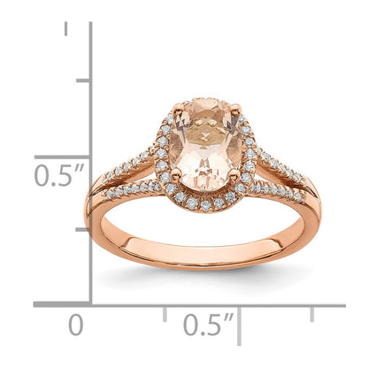 Solid 14k Rose Gold Morganite Simulated CZ Halo Complete Engagement Ring