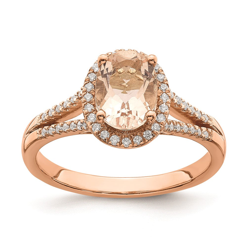 Solid 14k Rose Gold Morganite Simulated CZ Halo Complete Engagement Ring