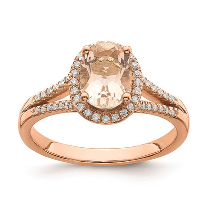 Solid 14k Rose Gold Morganite Simulated CZ Halo Complete Engagement Ring