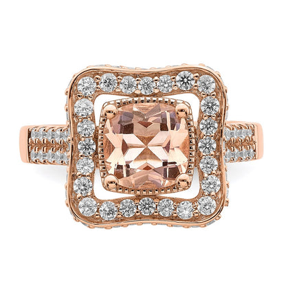 Solid 14k Rose Gold Morganite Simulated CZ Halo Engagement Ring