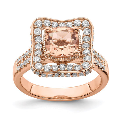 Solid 14k Rose Gold Morganite Simulated CZ Halo Engagement Ring