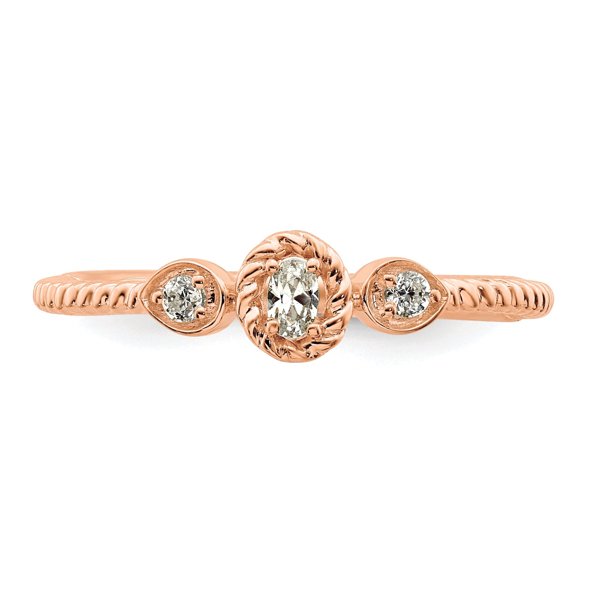 0.10ct. CZ Solid Real 14k Rose Polish Roped Wedding Band Ring Petite Oval Complete Dia Ring