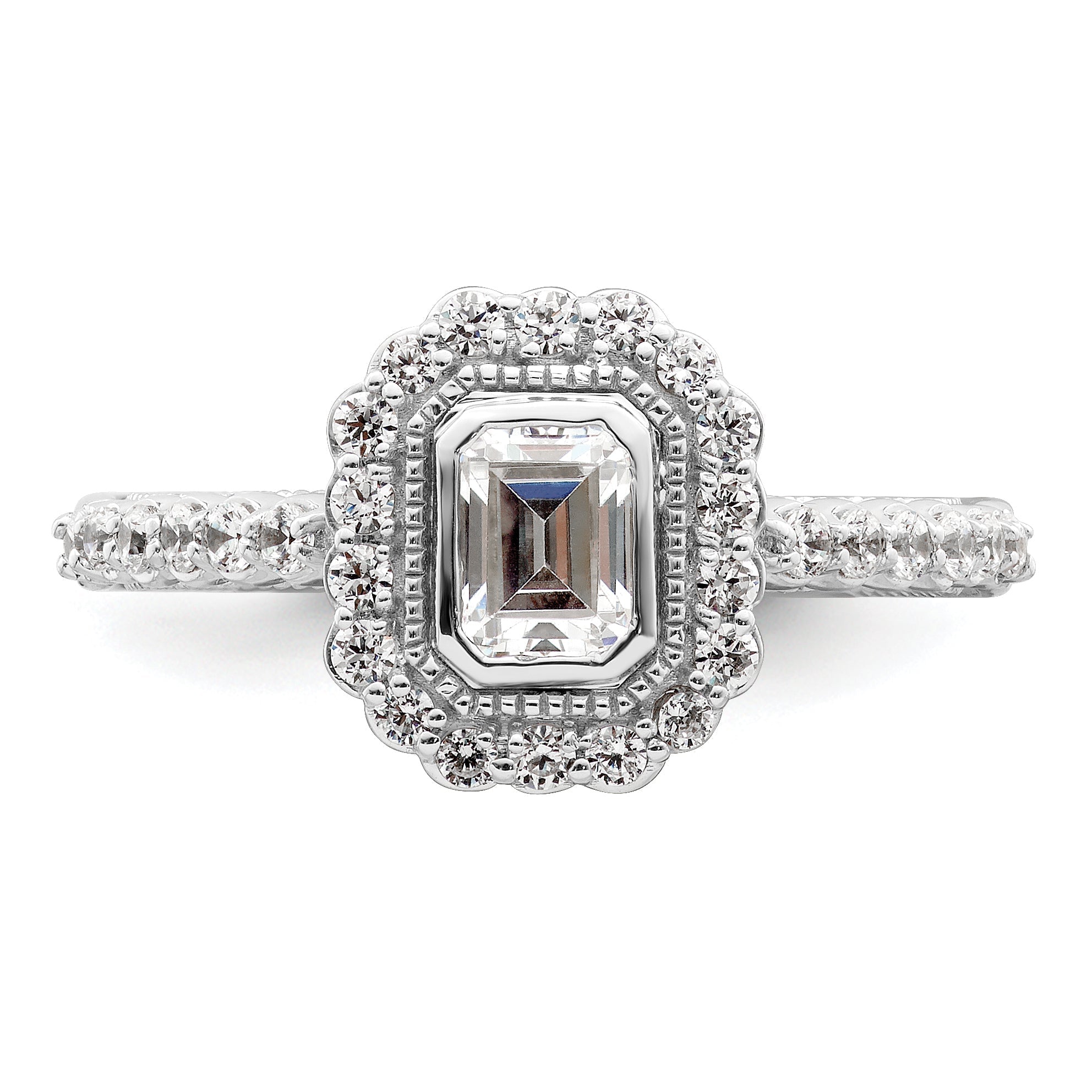 0.50ct. CZ Solid Real 14k White Polish Halo 1/2ct Asscher Bezel Dia Ring