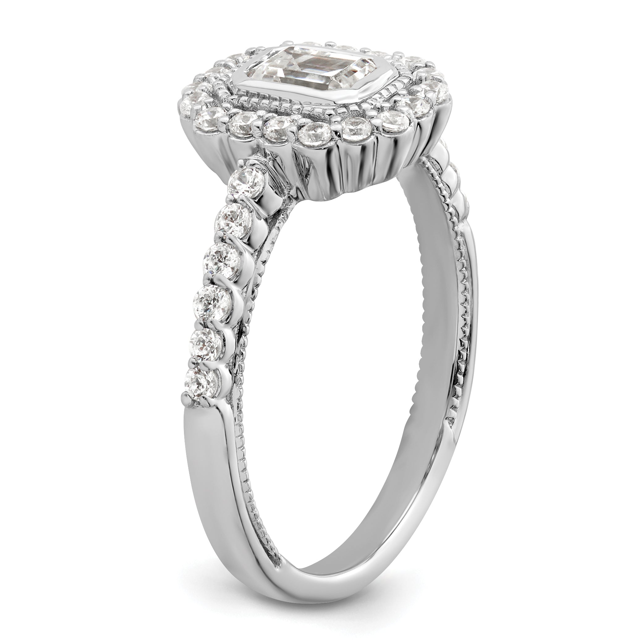 0.50ct. CZ Solid Real 14k White Polish Halo 1/2ct Asscher Bezel Dia Ring