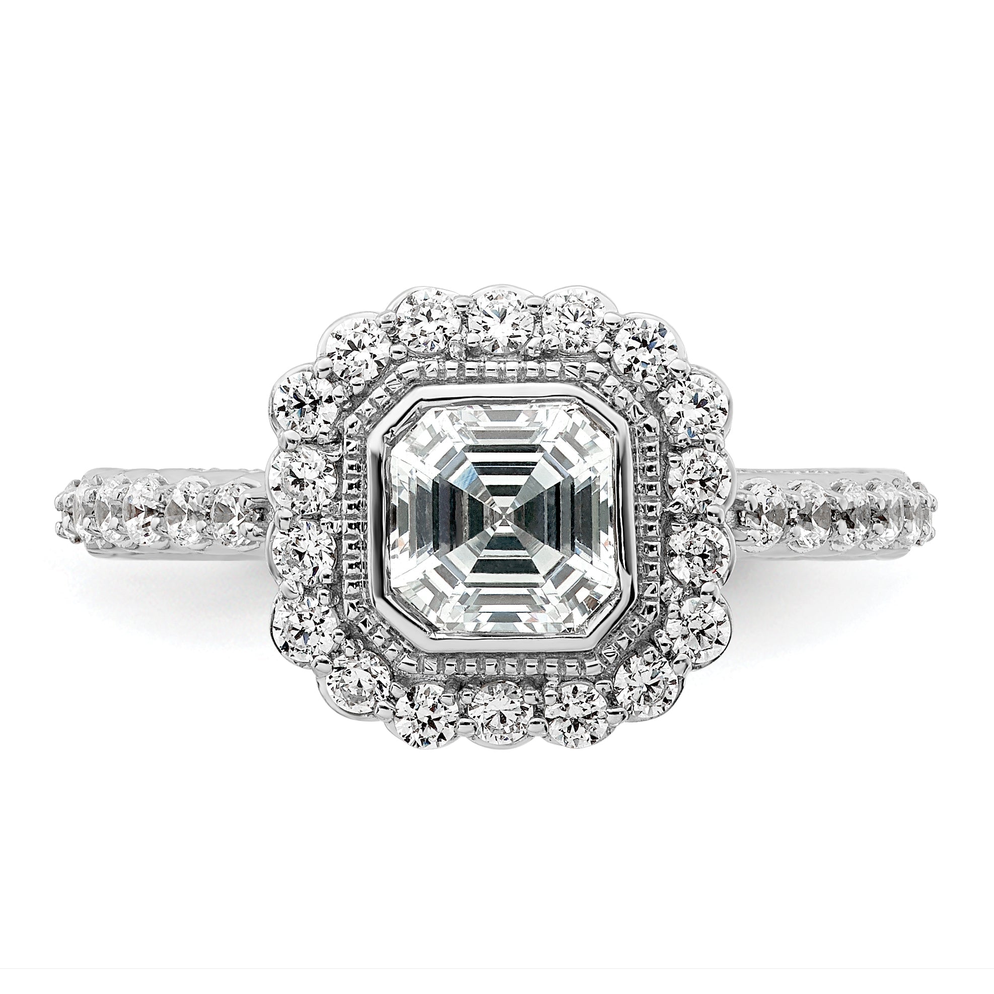 1.00ct. CZ Solid Real 14k White Polish Halo 1ct Asscher Bezel Dia Ring