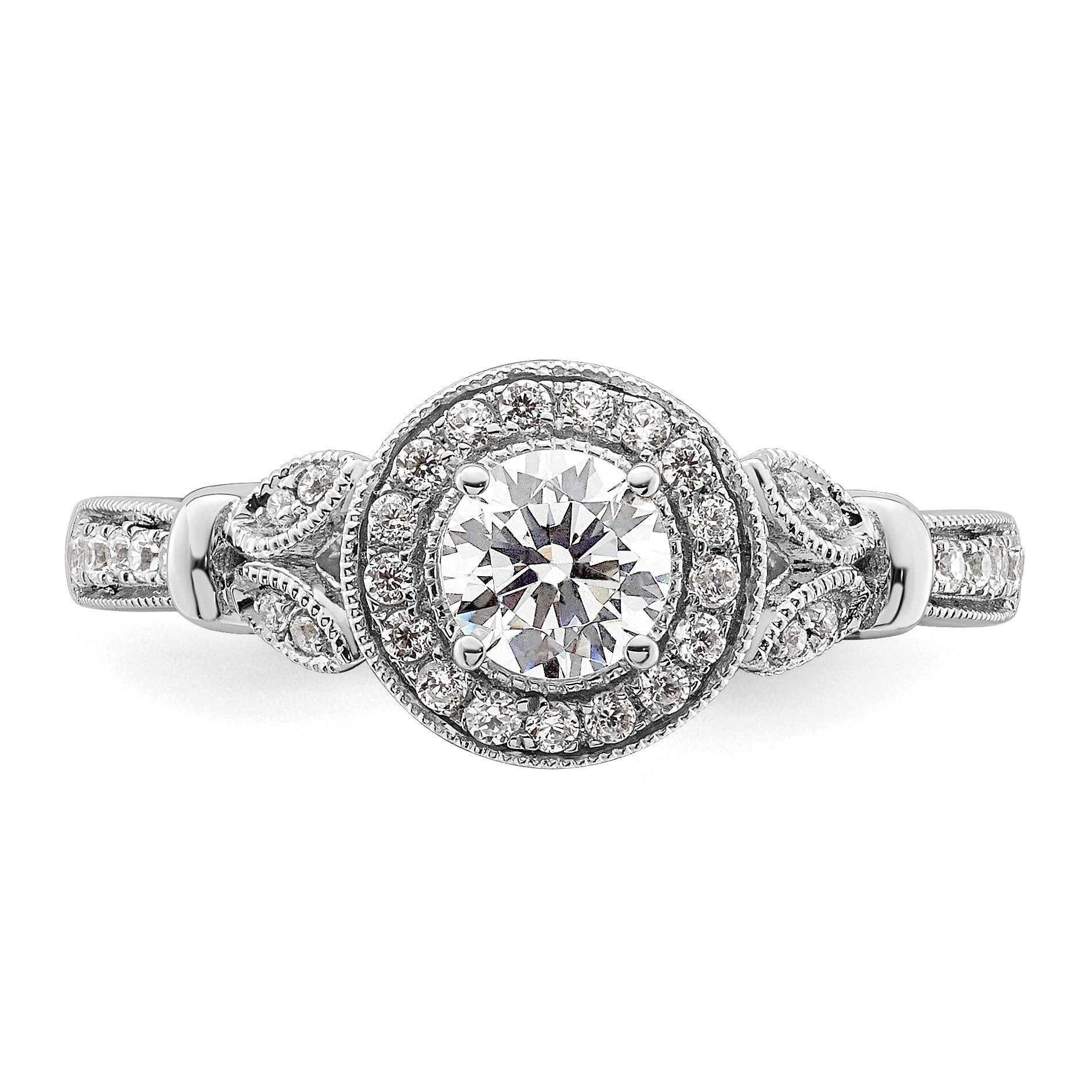 0.40ct. CZ Solid Real 14K White Gold Vintage Round Halo Dia. Complete Engagement Ring