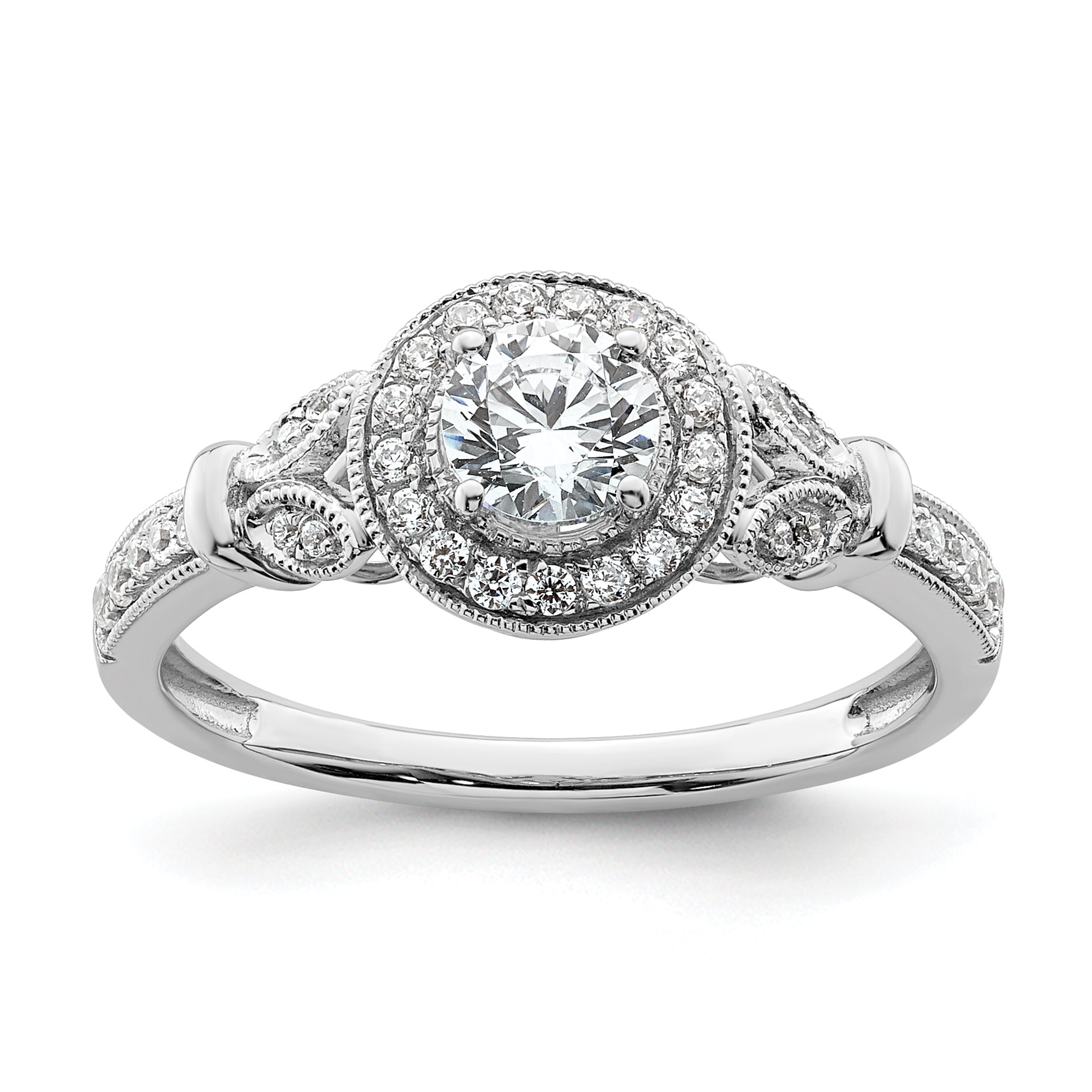 0.40ct. CZ Solid Real 14K White Gold Vintage Round Halo Dia. Complete Engagement Ring