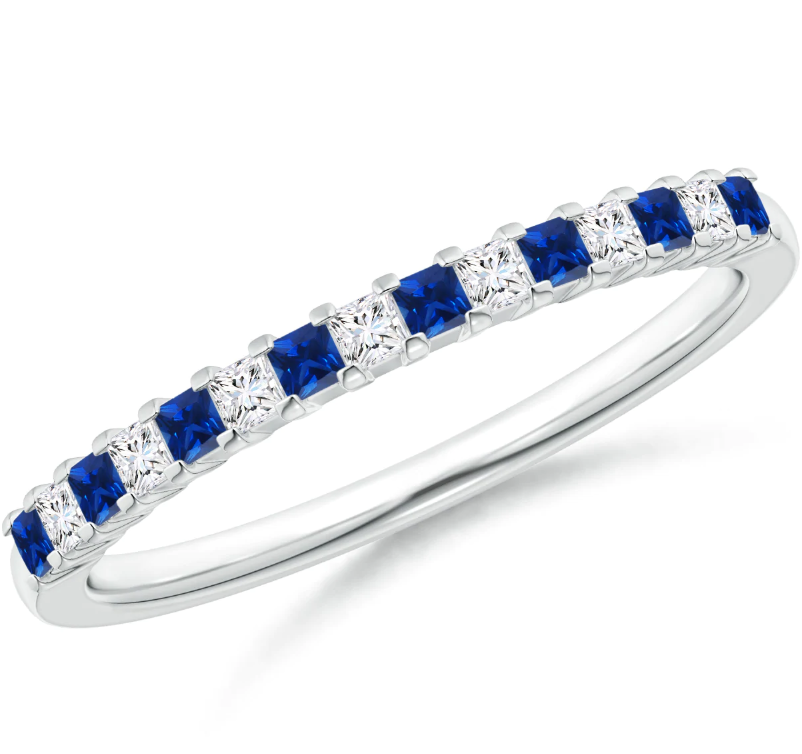 Princess Cut Created Blue Sapphire u0026 CZ Half Eternity Wedding Band in 14K Yellow Gold