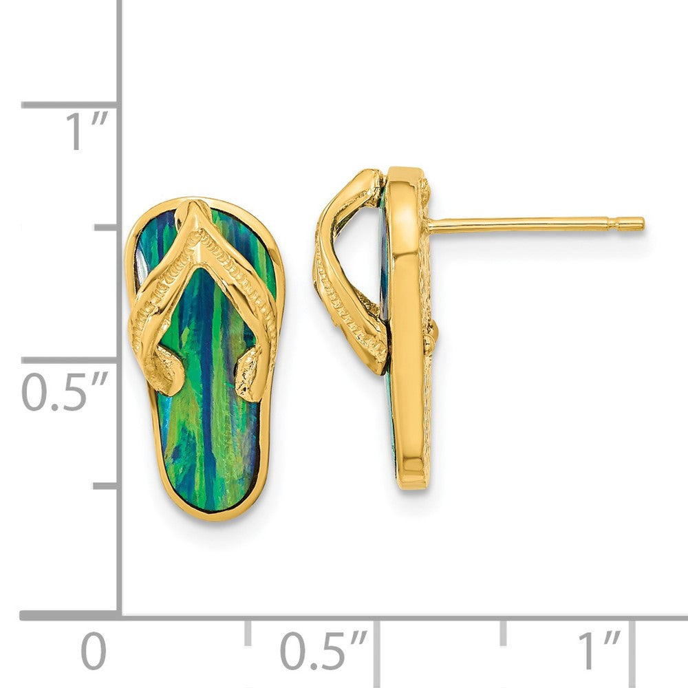 14k Yellow Gold Polished w/Created Blue Opal Flip Flop Post Earrings