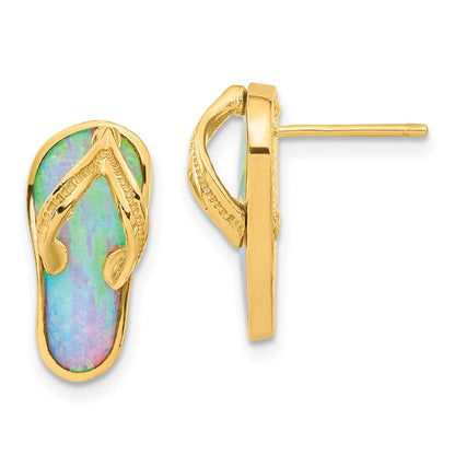 14k Yellow Gold Polished w/Created White Opal Flip Flop Post Earrings