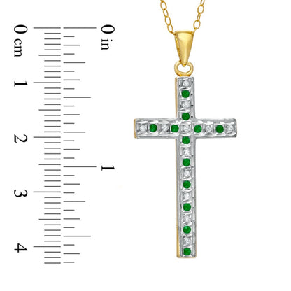 Emerald Gemstone Fascination™ and Natural Diamond Fascination™ Cross Pendant in Sterling Silver with 18K Gold Plating
