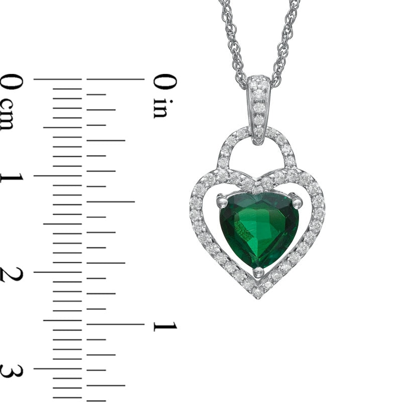 8.0mm Heart-Shaped Lab-Created Emerald and White Sapphire Double Heart Pendant in Sterling Silver