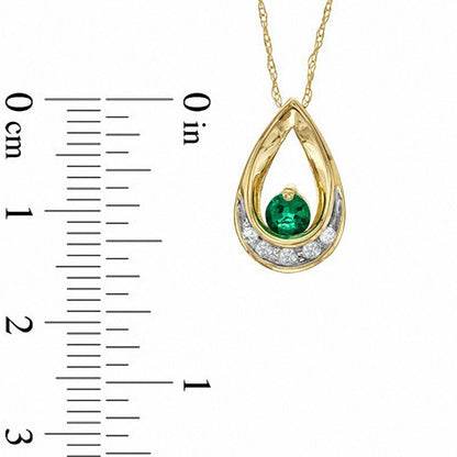 Lab-Created Emerald and Diamond Accent Teardrop Pendant in 10K Yellow Gold