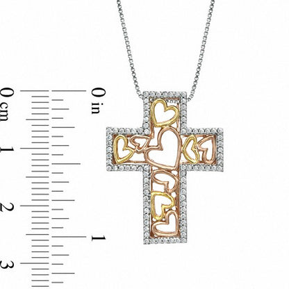 0.2 CT. T.W. Natural Diamond Cross Filled with Hearts Pendant in Sterling Silver and 14K Two-Tone Gold Plate