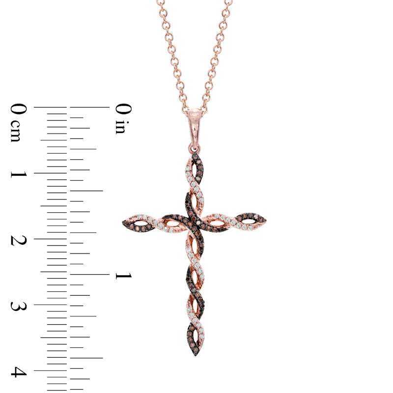 0.17 CT. T.W. Enhanced Cognac and White Natural Diamond Twisting Cross Pendant in 10K Rose Gold