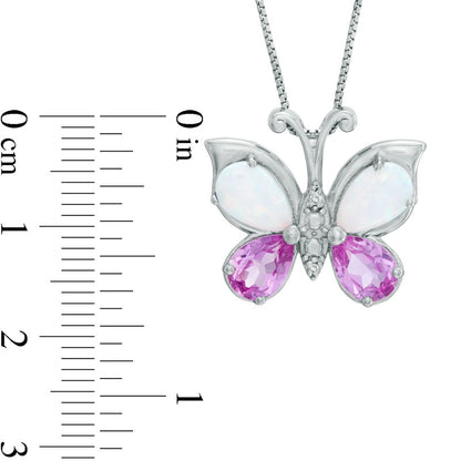 Pear-Shaped Lab-Created Opal, Pink Sapphire and Diamond Accent Butterfly Pendant in Sterling Silver