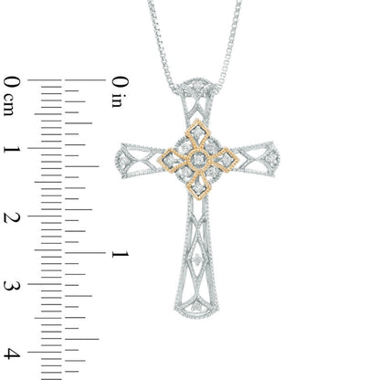 0.1 CT. T.W. Natural Diamond Antique Vintage-Style Cross Pendant in Sterling Silver and 14K Gold
