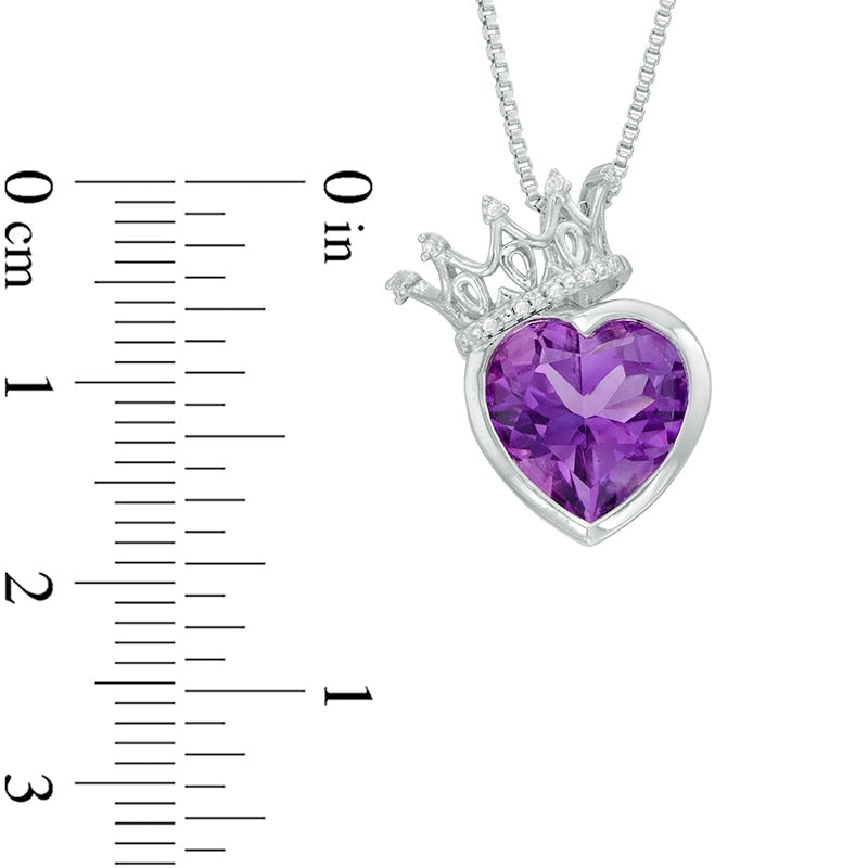 10.0mm Heart-Shaped Amethyst and Natural Diamond Accent Crown Pendant in Sterling Silver