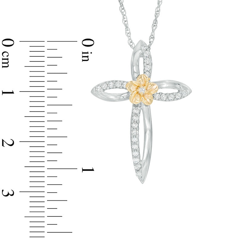 0.25 CT. T.W. Natural Diamond Open Cross Flower Pendant in Sterling Silver and 10K Yellow Gold