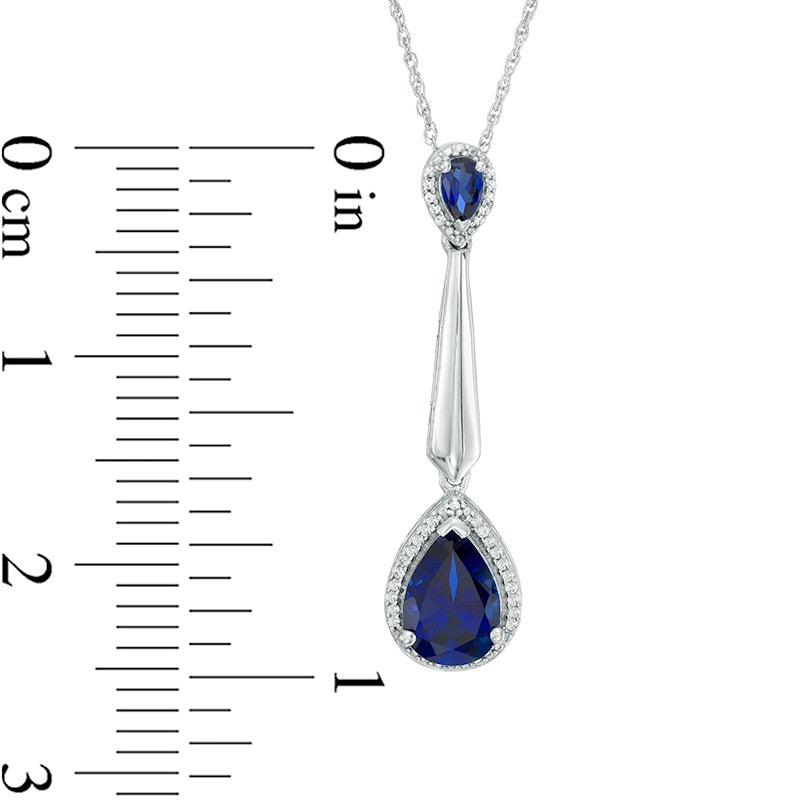 Pear-Shaped Lab-Created Blue Sapphire and 0.1 CT. T.W. Diamond Frame Drop Pendant in Sterling Silver