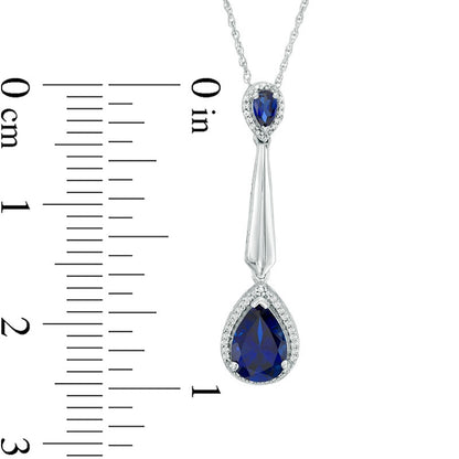Pear-Shaped Lab-Created Blue Sapphire and 0.1 CT. T.W. Diamond Frame Drop Pendant in Sterling Silver