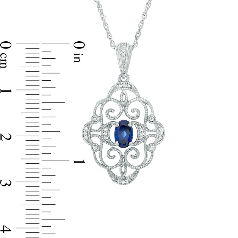 Oval Lab-Created Blue Sapphire and Diamond Accent Antique Vintage-Style Scroll Pendant in Sterling Silver