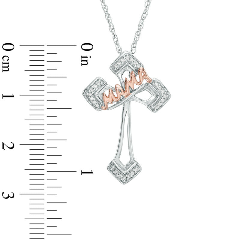 0.07 CT. T.W. Natural Diamond Mama" Cross Pendant in Sterling Silver and 10K Rose Gold"