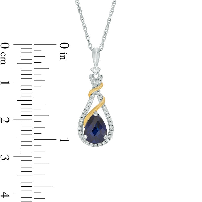 Pear-Shaped Lab-Created Blue and White Sapphire Teardrop Pendant in Sterling Silver and Yellow Rhodium