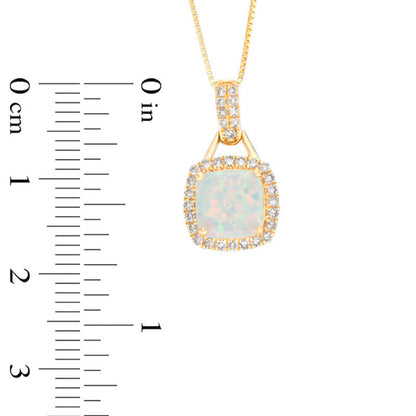 7.0mm Cushion-Cut Lab-Created Opal and 0.2 CT. T.W. Diamond Frame Doorknocker Drop Pendant in 10K Yellow Gold