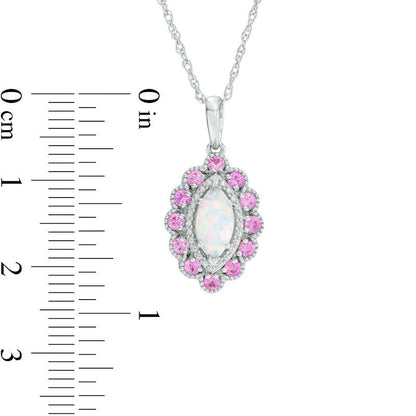 Marquise Lab-Created Opal, Pink and White Sapphire Scallop Frame Pendant in Sterling Silver