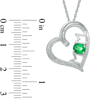 Oval Lab-Created Emerald and 0.1 CT. T.W. Diamond Tilted Heart with MOM" Pendant in Sterling Silver"