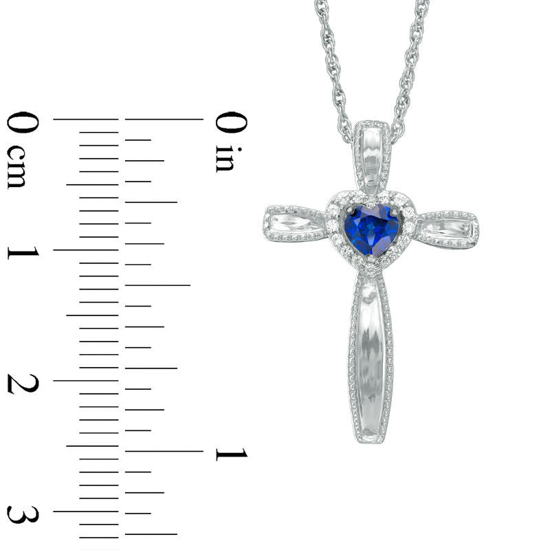 4.0mm Heart-Shaped Lab-Created Blue Sapphire and Diamond Accent Antique Vintage-Style Cross Pendant in Sterling Silver