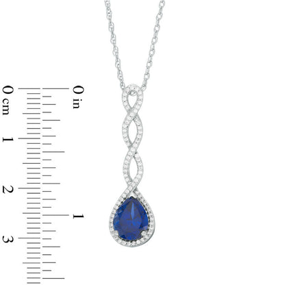Pear-Shaped Lab-Created Blue Sapphire and 0.25 CT. T.W. Diamond Cascading Drop Pendant in Sterling Silver