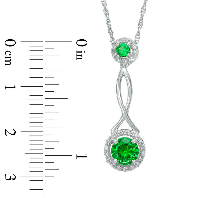 6.0mm Lab-Created Emerald and 0.1 CT. T.W. Diamond Frame Pendulum Pendant in Sterling Silver