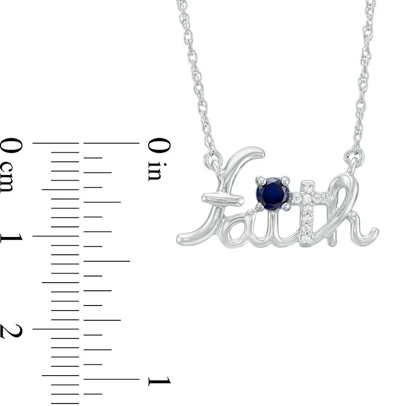 Lab-Created Blue Sapphire and Diamond Accent Cursive faith" Necklace in Sterling Silver"