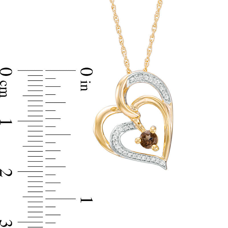 Smoky Quartz and Natural Diamond Accent Tilted Double Heart Pendant in 10K Yellow Gold